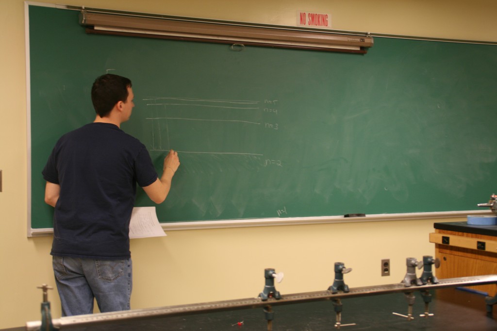 One of Photon's outreach officers, Ryan Gelly, leads a discussion of the assumptions of the Bohr Model.
