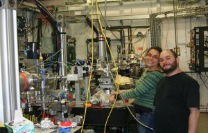 Graduate student Gozde Erdem and postdoctoral researcher Alex DeMasi doing coherent x-ray experiments at APS beamline 8-ID.