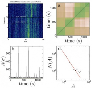 Coherent x-ray scattering studies of martensitic transition in Co. Top L-R: Discontinuities in the coherent scattering speckle pattern evolution showing heterogeneous dynamics; Two-time correlation function also showing discontinuities ("avalanches"); Bottom L-R: Avalanche amplitudes as a function of time; Histogram of avalanche amplitudes showing power-law behavior. 