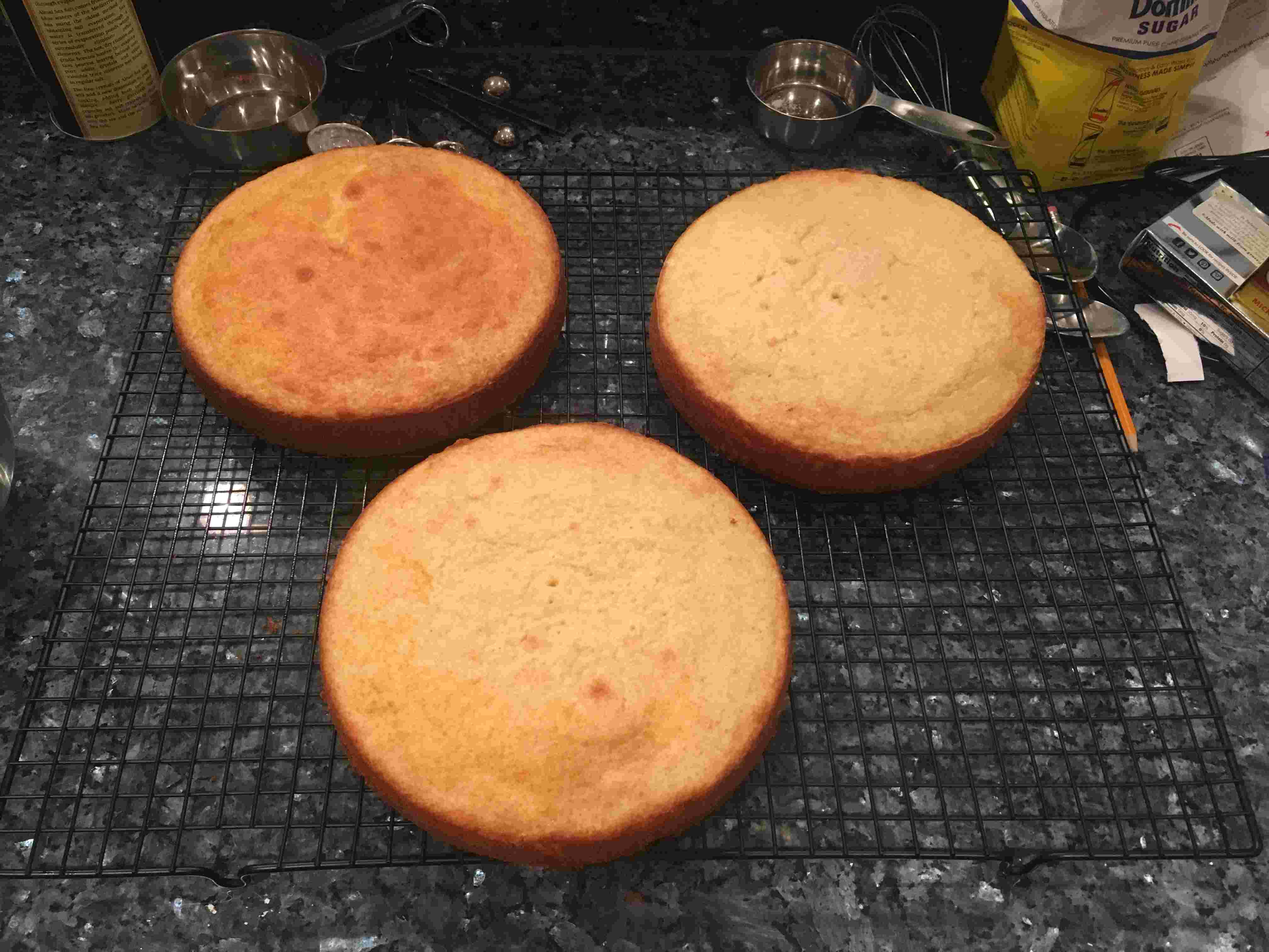 Whoops - one of these is not like the other. If your oven has hot spots, rotate your cakes about 3/4 of the way through the baking time!