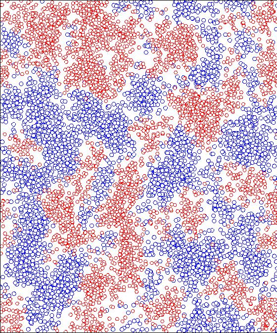 Spatial distribution of A (red) and B (blue) particles.